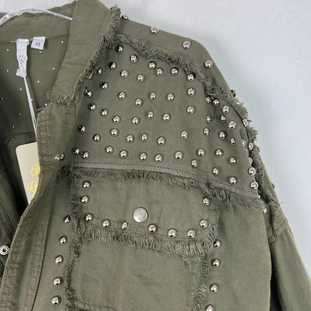 NWT Elan Studded Cotton Demi Jacket Olive Green Lightweight Size Medium M N2193 - Picture 4 of 16
